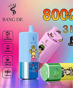 Advertisement image for Bang De vaping device featuring colorful designs, 3-in-1 flavor capability, 650mAh battery, and 20ml liquid capacity with e-liquid display functionality.
