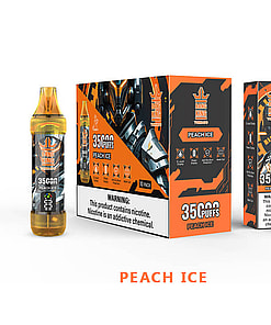 Packaging And Disposable E-Cigarette For Bang King Peach Ice Flavor, Highlighting 35,000 Puffs Capacity And Nicotine Warning.