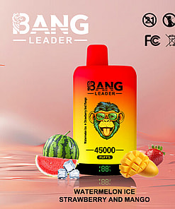 Promotional Image Of Bang Leader Vaping Device Offering 45,000 Puffs, Featuring A Decorative Monkey Design On The Casing, Surrounded By Watermelon, Strawberry, Mango, And Ice Cubes Against A Gradient Background.