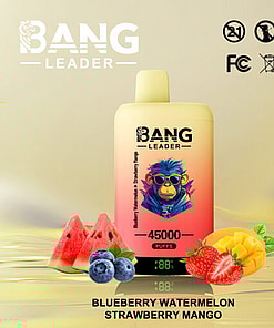 Electronic Disposable Vape Device With Bold Branding, Featuring A Monkey With Sunglasses Artwork On A Gradient Red-Yellow Background, Surrounded By Illustrations Of Blueberries, Watermelon, Strawberries, And Mangoes, Labeled With '45000 Puffs' And Flavor Names 'Blueberry Watermelon, Strawberry Mango'.