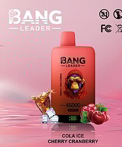 Promotional Image Of The Bang Leader Device In Red, Featuring A Gorilla Logo With Cherry And Cranberry Designs, Indicating A Flavor Of Cola Ice Cherry Cranberry, Alongside Icons For Certifications And Safety Compliance On A Glossy Pink Backdrop.