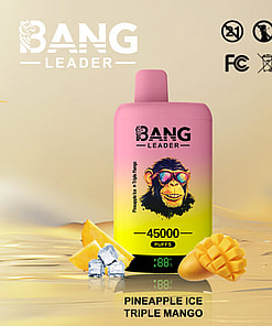 A Bang Leader vape device with a design featuring a colorful monkey wearing sunglasses, labeled with 45000 puffs and flavors Pineapple Ice and Triple Mango, surrounded by mango slices and ice cubes against a gradient background.