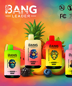 A vibrant display featuring Bang Leader disposable vapes in colorful designs showcasing different flavors with fruit illustrations and branding details on a multicolored background.