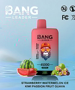 A Promotional Image Of A Red Bang Leader Vaping Device Featuring 45000 Puffs, Surrounded By Illustrations Of Fruits Including Watermelon, Strawberry, Kiwi, Passion Fruit, And Guava, With Product Certifications Displayed In The Upper Right Corner.