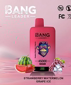 Promotional Image Of A Bang Leader Vaping Device In Red-Pink Color Alongside Strawberry, Watermelon, And Grape Illustrations; Labeled With 'Strawberry Watermelon Grape Ice' And Branding Elements Including Certifications Icons.