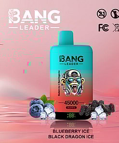 An Electronic Vape Device Branded As Bang Leader, Featuring A Colorful Design With A Stylized Monkey Illustration, Displayed Against A Gradient Background With Blueberries, Ice Cubes, And Black Dragon Fruit Icons; Labeled With 45000 Puffs And Flavor Names Blueberry Ice And Black Dragon Ice.