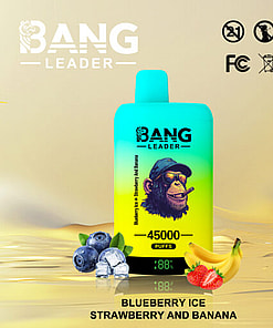 Bang Leader 45000-Puff Vape Device With Illustrated Monkey Logo, Flavored As Blueberry Ice, Strawberry, And Banana, Displayed With Fruits On A Metallic Gradient Background, Alongside Certification Icons.