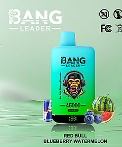 A Promotional Image For Bang Leader Vape Featuring The Product With 45,000 Puffs In Turquoise Packaging, Accompanied By A Red Bull Can, Blueberries, And A Watermelon Slice On A Green Background.