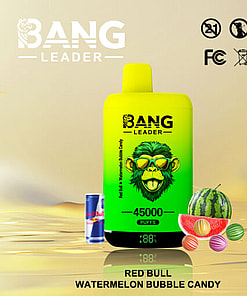 Promotional Image Of Bang Leader Vaping Device Featuring Red Bull Watermelon Bubble Candy Flavor With Graphics Showing The Vape, A Red Bull Can, A Watermelon, And Colorful Candy Spheres, Displaying Certification Logos Above.