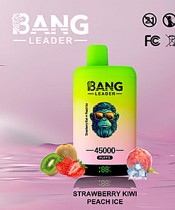 Display Of A Flavored Vape Device Labeled As 'Bang Leader 45000 Puffs' With A Strawberry Kiwi Peach Ice Flavor, Featuring Vibrant Fruits And A Stylized Logo.