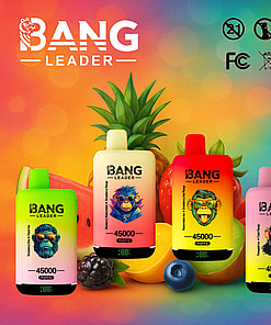 A vibrant advertisement featuring four Bang Leader vape devices in various colors with fruit backgrounds, showcasing 45000 puffs capacity.