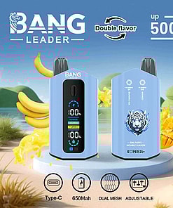 Promotional Image For Bang Leader Vape Devices Featuring A Light Blue Design, Digital Screen Display, And Claims Like '50,000 Puffs' And 'Double Flavor,' Set Against A Tropical-Themed Background With Bananas And Mangoes.