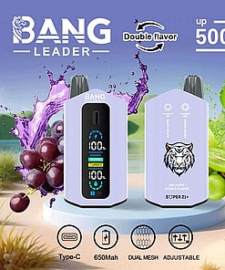 Two Vape Devices Labeled 'Bang Leader,' Featuring A Tiger Design And Electronic Display, Advertised With Double Flavors, Up To 50,000 Puffs, And Type-C Charging In A Grape And Melon Background.