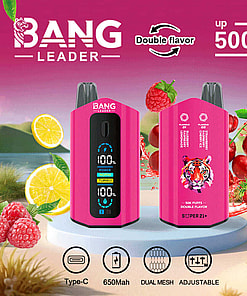 Promotional Image Featuring Two Vibrant Pink Electronic Vaping Devices Labeled 'Bang Leader,' Promoting Dual Flavor Capability And Up To 50,000 Puffs, Against A Fruity Background With Lemons, Strawberries, And Raspberries.