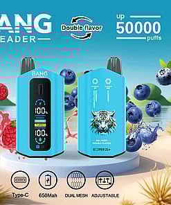 A Promotional Image For The Bang Leader Vape Device Displaying Two Blue Vape Models Featuring Digital Screens And A Tiger Graphic. Highlighted Features Include Double Flavor Switching, Up To 50,000 Puffs, Type-C Charging, 650 Mah Battery, Dual Mesh Technology, And Adjustable Settings. Surrounding The Vapes Are Depictions Of Raspberries And Blueberries, Representing Flavors.