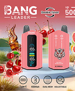 Pink Bang Leader Vape Device Promoting Double Flavor Options, With A Colorful Background Featuring Cherries, Cola, And Fruit Slices, And Displayed Specifications Such As 650Mah Capacity, Adjustable Dual-Mesh Coils, And Up To 50,000 Puffs.