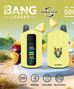 Promotional Image For Bang Leader Vaping Device, Highlighting Features Such As Double Flavor, Up To 50,000 Puffs, Type-C Charging, 650Mah Battery, Dual Mesh Coil, And Adjustable Settings, With A Tropical Fruit Theme Including Pineapple And Passionfruit Visuals.