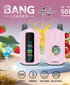 Advertisement For Bang Leader Electronic Vape Displaying Two Devices With Pink Exteriors, Featuring A Double Flavor Option, Up To 50,000 Puffs Capacity, 650Mah Battery, Dual Mesh System, And Adjustable Settings. Background Includes Colorful Fruit Visuals And A Tropical Setting.
