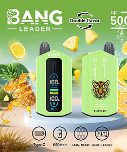 A Promotional Image Showcasing A Green Vape Device With Dual Flavor Settings, A 650Mah Battery, Adjustable Features, And Up To 50,000 Puffs, Surrounded By Citrus And Pineapple Fruits.