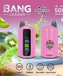 Promotional Image Of The Bang Leader Vape Device In Pink, Showcasing Its Dual Flavor Option, 50,000 Puffs Capacity, Type-C Charging Port, 650Mah Battery, And Adjustable Settings, With A Kiwi And Strawberry Ice Flavor Theme In The Background.