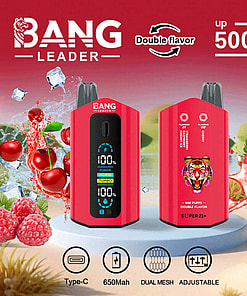 A vaping device advertisement for Bang Leader featuring a red design, dual flavor function, 50,000 puff capacity, and Type-C charging port. Background includes fruit imagery symbolizing flavors.