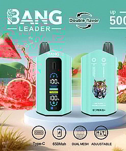 Promotional Image Of The Bang Leader Vape Device Featuring A Turquoise Body, Tiger Illustration, And Displays Advertising 50,000 Puffs, Double Flavors, And Specifications Including Type-C Charging And Dual Mesh Technology, Set Against A Backdrop Of Watermelon And Strawberry Graphics.