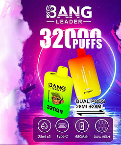 Bang Leader 32000 In Vibrant Fruit Flavors Displayed Against A Colorful Gradient Backdrop With A Pineapple And Mixed Fruits In The Background.