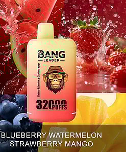 A Promotional Image For The Bang Leader Vaping Product, Featuring A Peach-Colored Vape Device Labeled '3200 Puffs' With Flavors Listed As Blueberry Watermelon, Strawberry Mango, And Background Images Of Fruits And Splashes Of Juice.