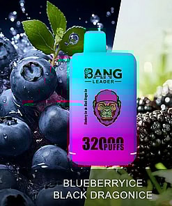 A Bang Leader 32000-Puff Vape Device Featuring A Dual Blueberry And Black Dragon Fruit Ice Flavor, Displayed Against A Close-Up Background Of Fresh Blueberries And Blackberries.