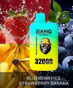 Promotional Image Featuring A Vaping Device Labeled 'Bang Leader' With Flavors Blueberry Ice And Strawberry Banana Overlaid Against A Background Of Fresh Blueberries, Strawberries, And Bananas.