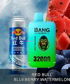A Promotional Image Featuring A Red Bull Energy Drink Can, A Vaping Device Labeled 'Bang Leader 32,000 Puffs' With A Green Design And A Gorilla Logo, Watermelons, And Blueberries On An Icy Background, Emphasizing The Product's Red Bull, Blueberry, And Watermelon Flavor Theme.