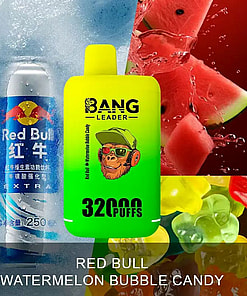 Promotional Image Featuring A Can Of Red Bull Energy Drink Beside A Bright Green Bang Leader Vaping Device Labeled With 32,000 Puffs, Surrounded By Watermelon Slices And Colorful Candy Images.