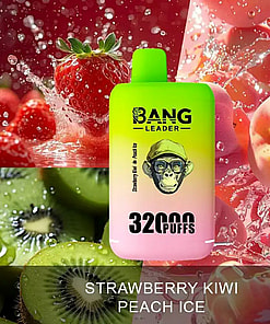 Brightly Colored Vape Device Labeled 'Bang Leader, 32,000 Puffs, Strawberry Kiwi Peach Ice' With Strawberries, Kiwis, And Peaches In A Water Splash Background.