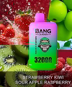Colorful E-Cigarette Packaging Showcasing A Gradient Color Design With A Flavor Print Of Strawberry Kiwi, Sour Apple, And Raspberry, Accompanied By Corresponding Fruit Imagery.