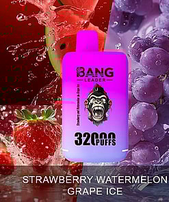 A Promotional Image Of A Bang Leader Vape Device With A Purple Design, Featuring The Flavors Of Strawberry, Watermelon, And Grape Ice, With Corresponding Fruit Imagery In The Background.