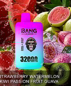Colorful Advertisement For A 'Bang Leader' Vape Device Featuring Strawberry Watermelon, Kiwi Passion Fruit Guava Flavors, With A Blurred Image Of The Product's Design Against A Background Of Vibrant Fruit Imagery.
