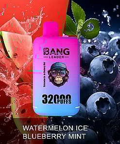 A Colorful E-Vape Device Labeled 'Bang Leader,' Featuring Flavors Watermelon Ice And Blueberry Mint, Displayed Against A Background Of Splashing Watermelon Slices And Fresh Blueberries.