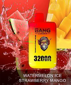 Brightly Colored Vaping Device Labeled 'Bang Leader 32000 Puffs' With Text 'Watermelon Ice, Strawberry Mango,' Surrounded By Images Of Fresh Watermelon Slices, Mango Chunks, And Splashing Water.