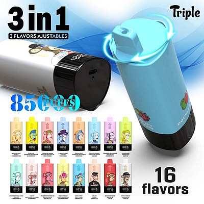 Advertisement Featuring Colorful, 3-In-1 Adjustable-Flavor Disposable Vape Devices Promoting 16 Flavor Options And 85 Puffs Per Cartridge.