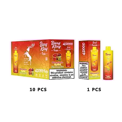 Packaging Of Bang King Disposable Vape, Showcasing Flavors Watermelon Ice, Red Bull, And Strawberry Kiwi, With 45000 Puffs; Includes Health Warning Regarding Nicotine Addiction.