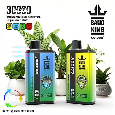 Two Bang King Color Vape Devices Displayed Against A Decorative Backdrop Of Green Plants, Each Portraying Vibrant Designs And Advertising Features Like 3000 Puffs And Flavor Rotation.