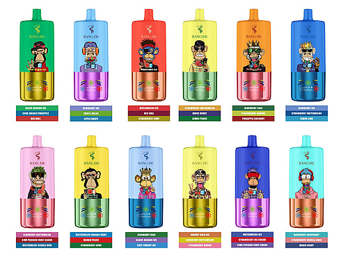 A Grid Of Colorful Bang De Disposable Vape Devices Featuring Illustrated Monkey Designs, Each Labeled With Various Unique Flavor Options Such As Blueberry Ice And Watermelon Dragon Fruit.