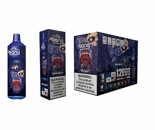 A Product Display For Bang Disposable Vapes In The Black Dragon Ice Flavor, Showcasing The Vape Device, Individual Packaging, And A Box Of Ten Units, With Notable Artwork Of A Snarling Dragon And Health Warnings About Nicotine.