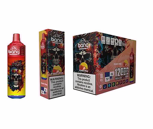 Packaging Design For A Flavored Vape Device Labeled 'Bang', Featuring Colorful Skull Artwork And Warnings About Nicotine Addiction.