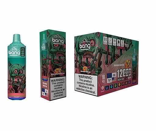 Packaging Design For Bang Vape Products Featuring A Vibrant Illustration Of A Green Zombie Character, Branding Elements, And Visible Warning Labels About Nicotine Addiction.