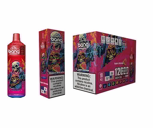 Display Image Showing A Bang Brand Disposable Vape In Raspberry Watermelon Flavor, A Colorful Package Featuring A Vibrant Skeleton Design, And A Box Containing Multiple Units With A 'Warning: Nicotine Is Addictive' Label Clearly Visible.