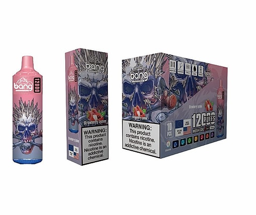 Packaging And Individual Unit Of A Vaping Product Called Bang Xxl, Featuring A 12000-Puff Capacity, Strawberry Lychee Flavor, And Warning Labels About Nicotine Addiction.