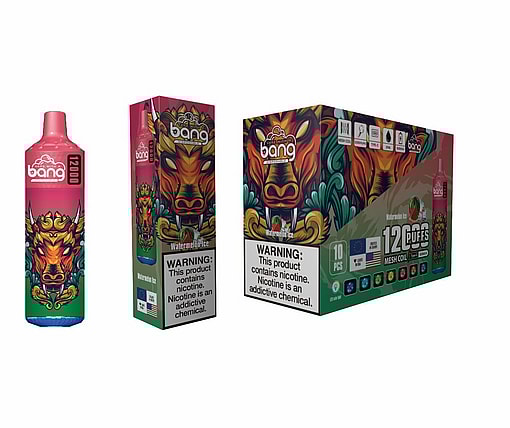 A Set Of Products Including A Colorful E-Cigarette Device, Its Packaging Box With A Bull Motif, And A Larger Pack Labeled 'Watermelon Ice' Flavor And 12,000 Puffs, Displaying A Nicotine Warning.