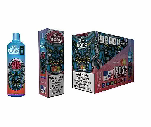 Packaging Of The Bang Disposable Vape In Strawberry Kiwi Flavor, Showcasing A Vibrant, Stylized Robot Design And A Nicotine Warning Label, With Accompanying Box For Bulk Purchase Featuring Product Details.