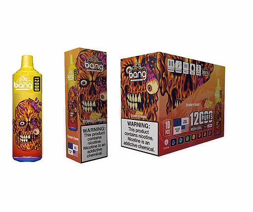 Packaging For Bang Strawberry Banana Vape Product Featuring Vibrant, Fiery Graphics Of A Skeletal Face, Labeled For 12,000 Puffs With Nicotine Warnings Displayed.